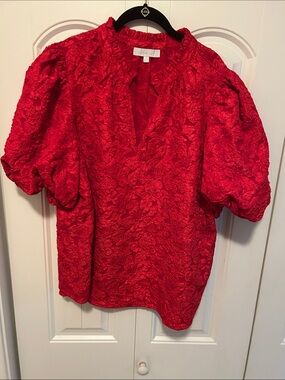 Sugarlips Vibrant Red Floral Jacquard Puff-Sleeve Top